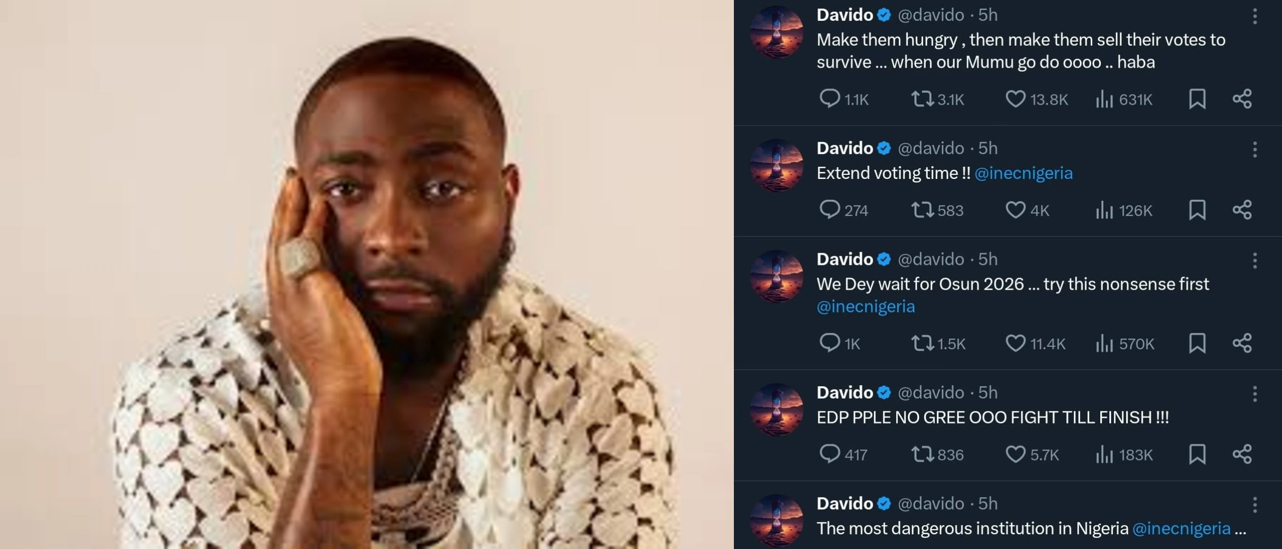 Davido Expresses Concerns Over Edo Election, Calls Out INEC for Alleged Irregularities